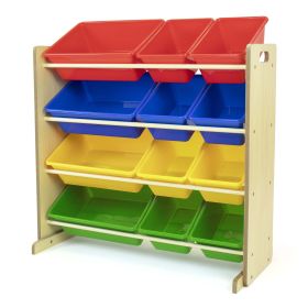 Children Wood and Plastic Toy Storage Racks with 12 Bins, Multi-Color