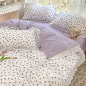 Washed Cotton Small Floral Quilt Cover, Four Piece Bed Sheet Set (Option: Little Beautiful Purple-1.5m fitted sheet 4pcs set)