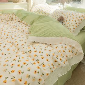 Washed Cotton Small Floral Quilt Cover, Four Piece Bed Sheet Set (Option: Xiaomei Is So Green-1.8m fitted sheet 4pcs set)