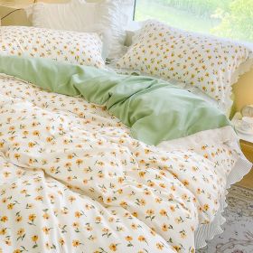 Washed Cotton Small Floral Quilt Cover, Four Piece Bed Sheet Set (Option: Shallow Summer-1.8m fitted sheet 4pcs set)