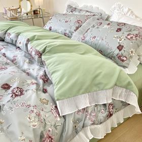 Washed Cotton Small Floral Quilt Cover, Four Piece Bed Sheet Set (Option: Hibiscus-1.8m fitted sheet 4pcs set)